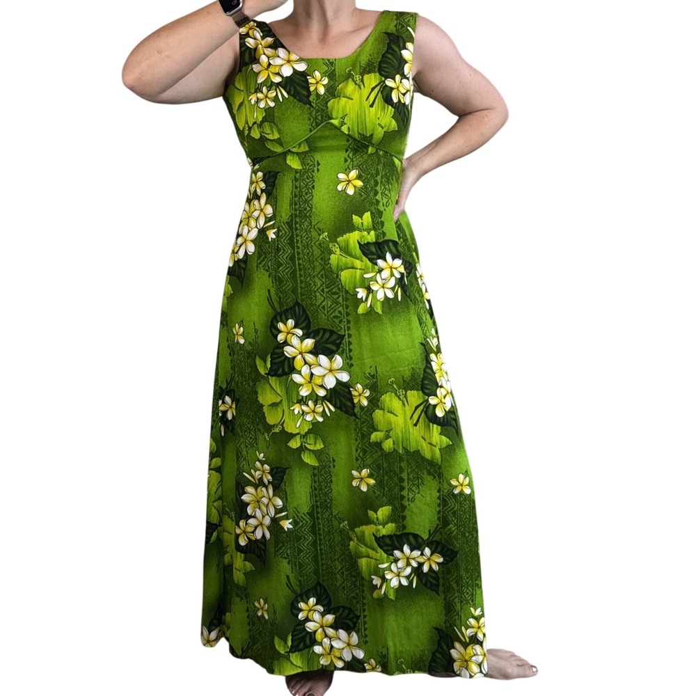 Vintage Royal Hawaiian Green Tropical Tiki Floral Barkcloth Maxi Dress Size XS/S
